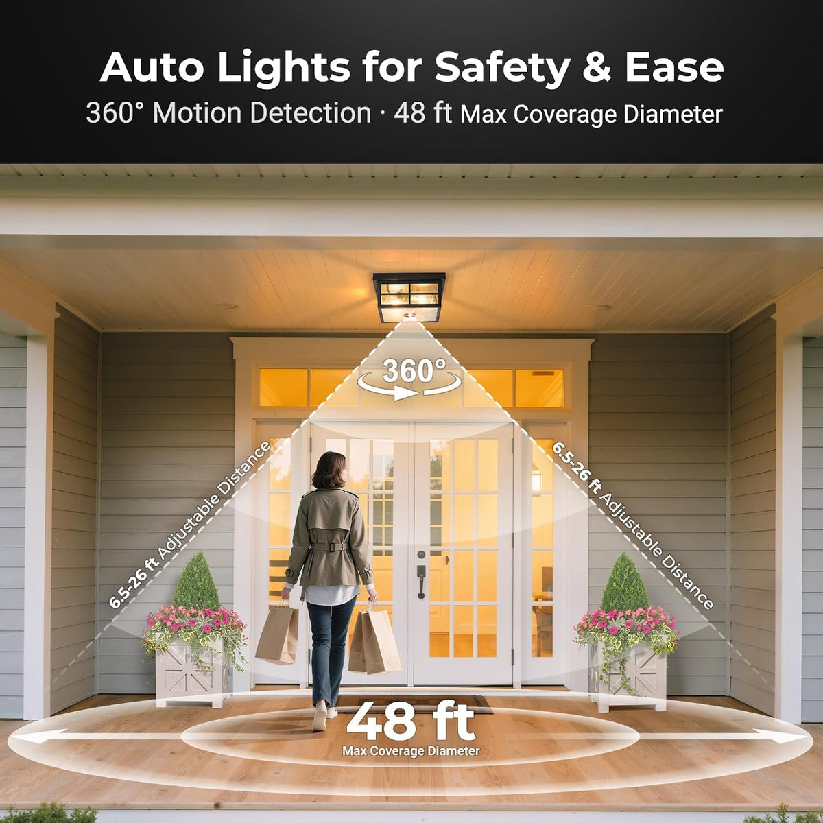 VIANIS Black Smart Motion Sensor Outdoor Ceiling Light with Remote Control