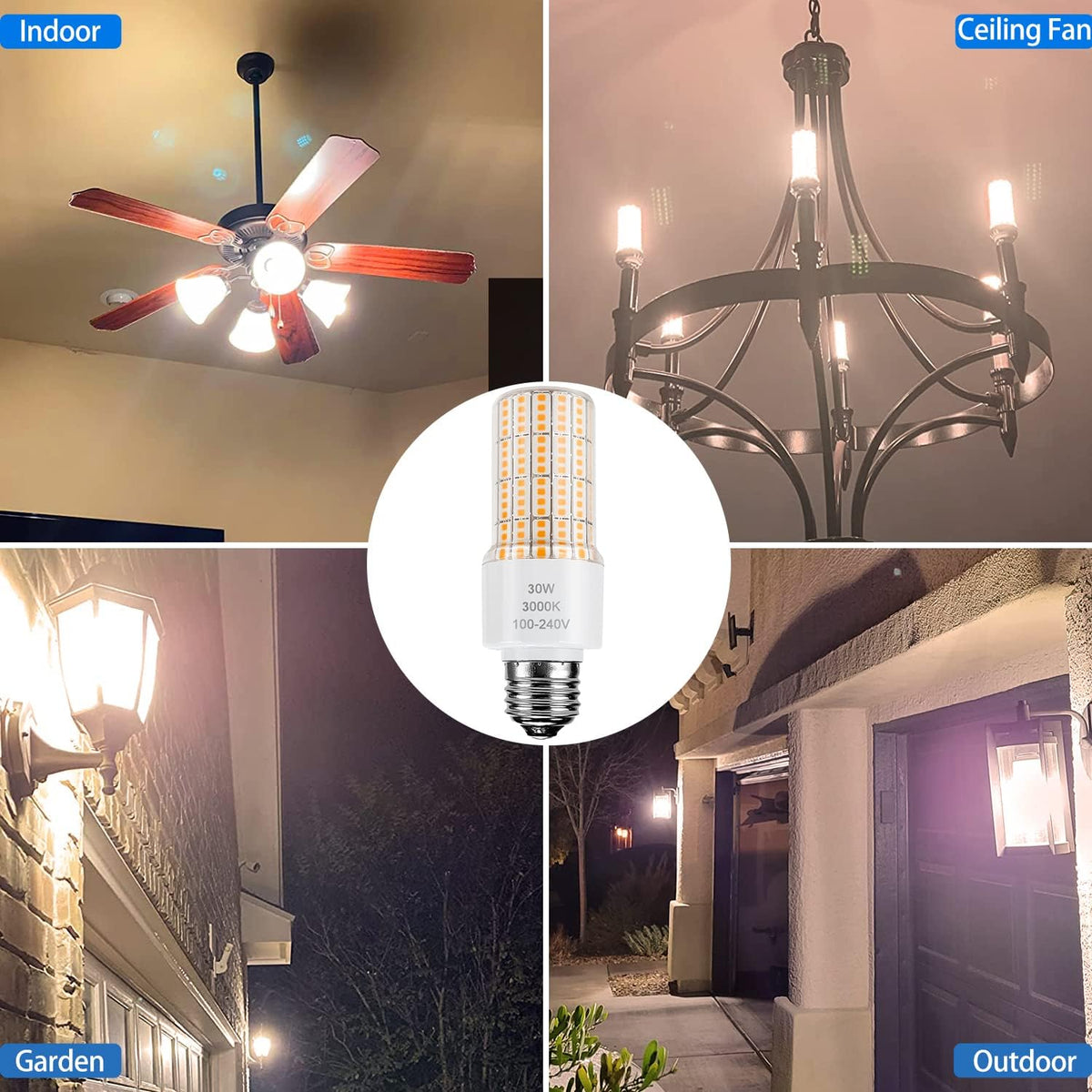 Led Light Bulb Equivalent 250w 2pcs Super Bright Led Bulbs, 3750 Lumen 3000k Warm Daylight White 30w Waterproof Led Corn Light Bulb E26/E27 Medium Base Light Bulb for Outdoor Indoor Garage Backyard
