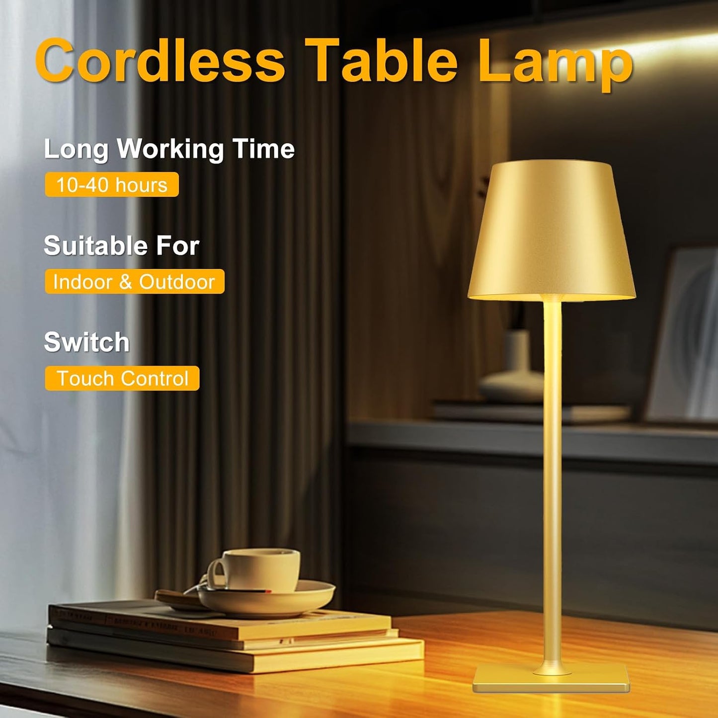 Yogaret Gold Rechargeable Cordless Table Lamp, Battery Operated, 2 Pack | 6000mAh battery lamps waterproof wireless portable design for outdoor patio, dining tables, kitchens, restaurants home bar