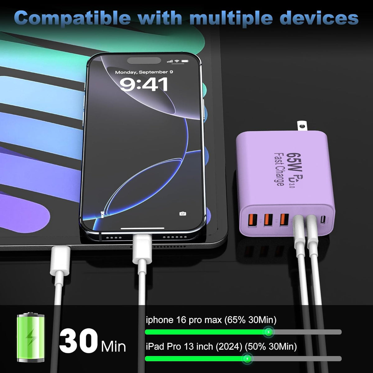 65W USB C Charger Block,6-Port Multi Device Fast Charger PD QC Wall Adapter | GaN technology saves space and reduces heat,ideal for home,office,travel,wide compatibility for iphone & USBC devices（Purple
