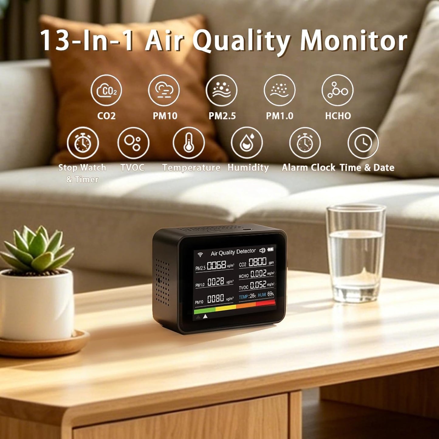 Home Air Quality Monitor, 13-in-1 Indoor Air Detector, Carbon Dioxide HCHO TVOC PM2.5 Monitor with Smart Alarm & Timer