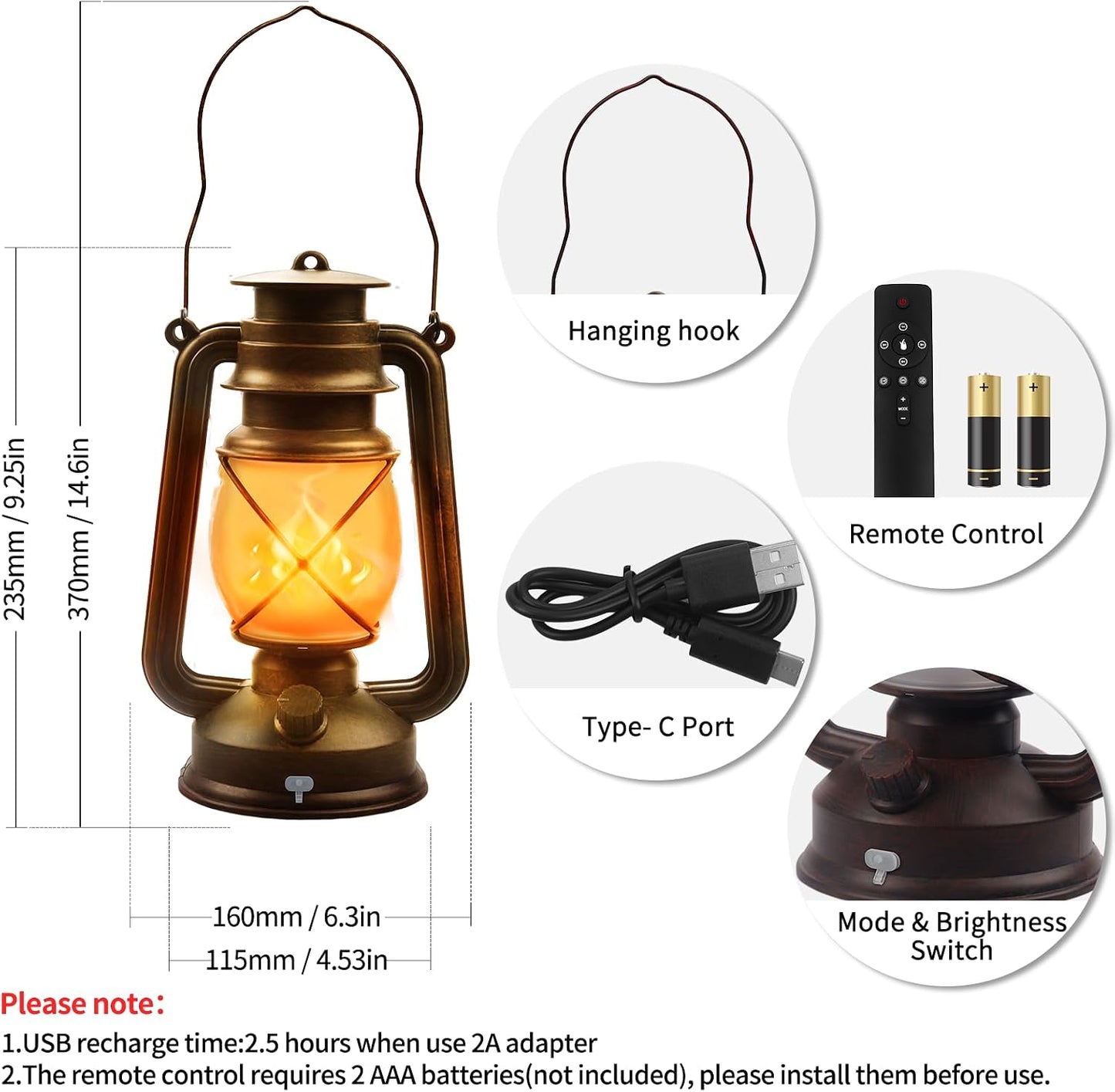 2 Pack Bronze Vintage 4 Modes Rechargeable Lanterns with Remote Control | Waterproof Hanging LED Lights with Flickering Flame, Outdoor and Indoor Decor for Camping, Patio, Garden, Pathway