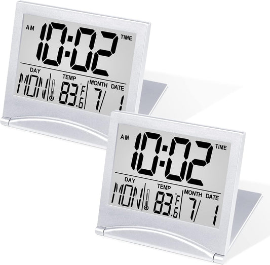 Betus Digital Travel Alarm Clock - Foldable Calendar Temperature Timer LCD Clock with Snooze Mode - Large Number Display, Battery Operated - Compact Desk Clock for All Ages (Silver Pack of 2)