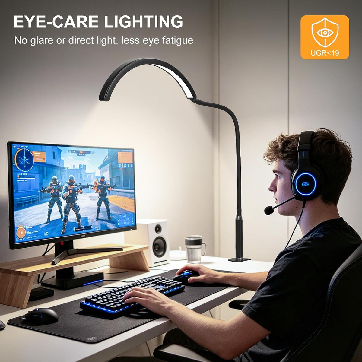 Half Moon LED Desk Lamp with Clamp, Dimmable Eye-Caring Light with 3 Color Modes and Flexible Gooseneck, Shadow-Reducing Clip-On Lamp for Home Office, Study, Reading and Workbench