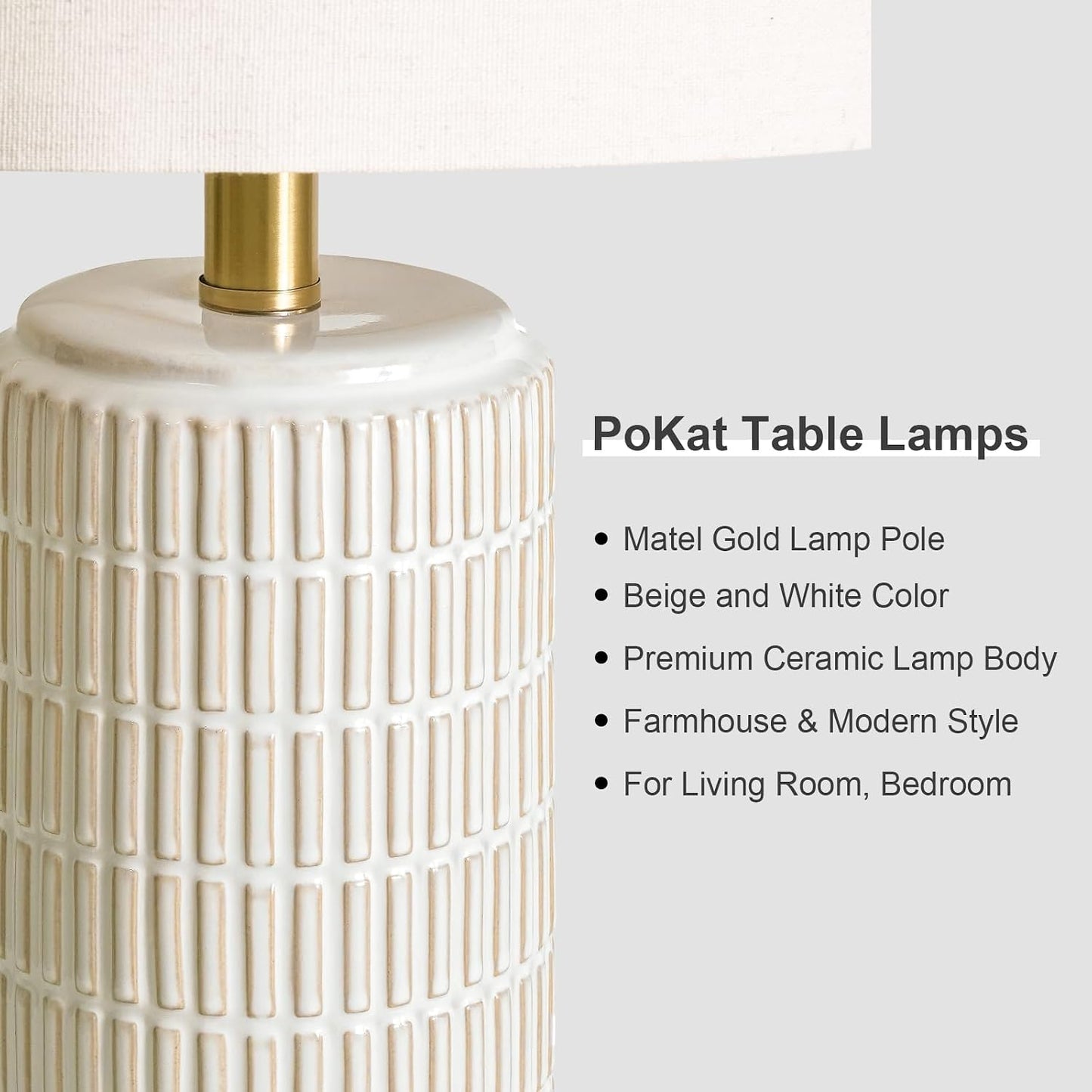 PoKat Ceramic Table Lamps Set of 2 for Bedroom Living Room, 21.5'' White | Bedside Lamps for Nightstands, Compact Size, Modern Design with Gold Base, Farmhouse Home Decor for Living Room End Table