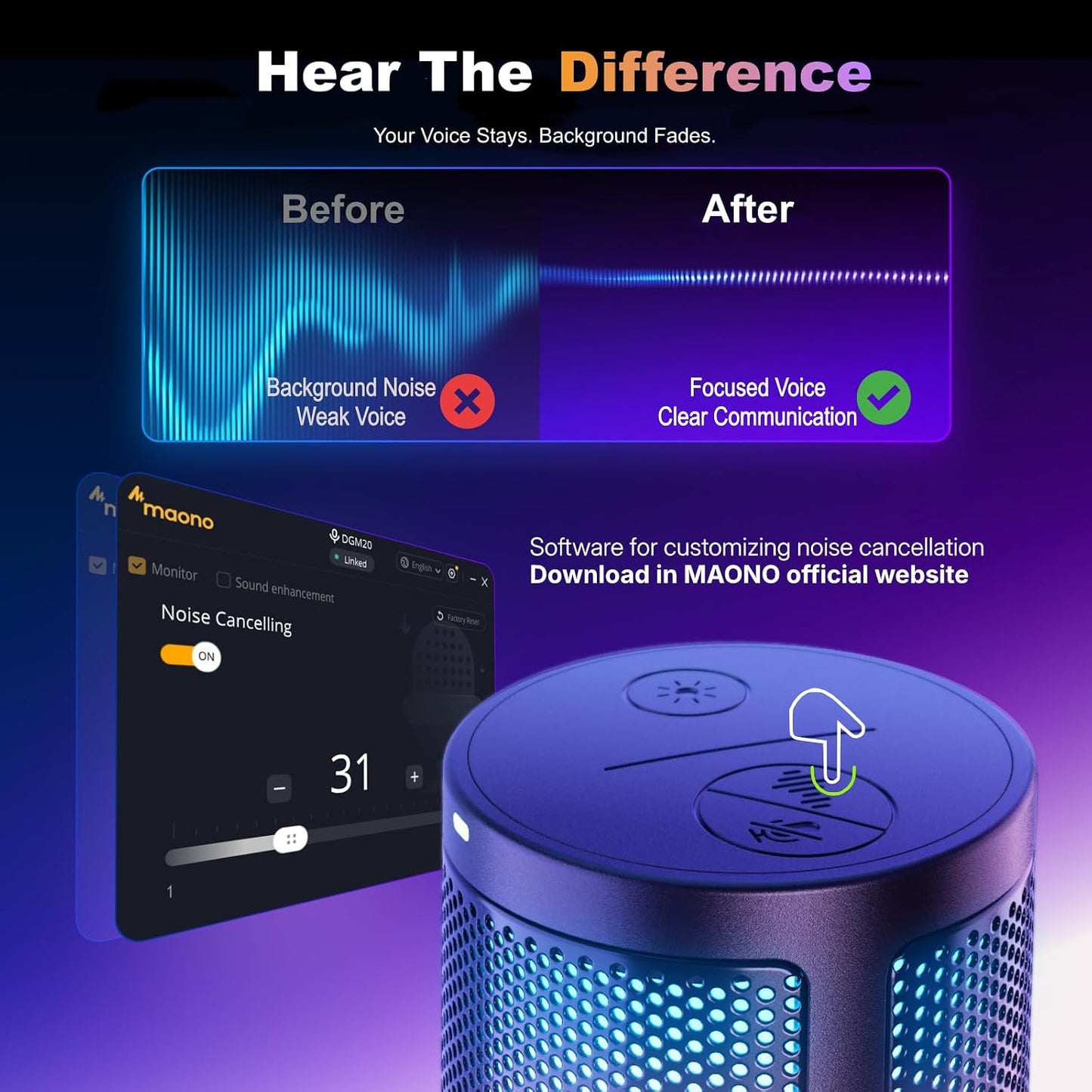 MAONO DGM20 USB Gaming Microphone for PC with Clear Voice & RGB Lighting | Noise Reduction, Tap-to-Mute, Gain Control and Plug & Play for Discord, Streaming, Podcasting, Chat and PS5/PS4 Gaming