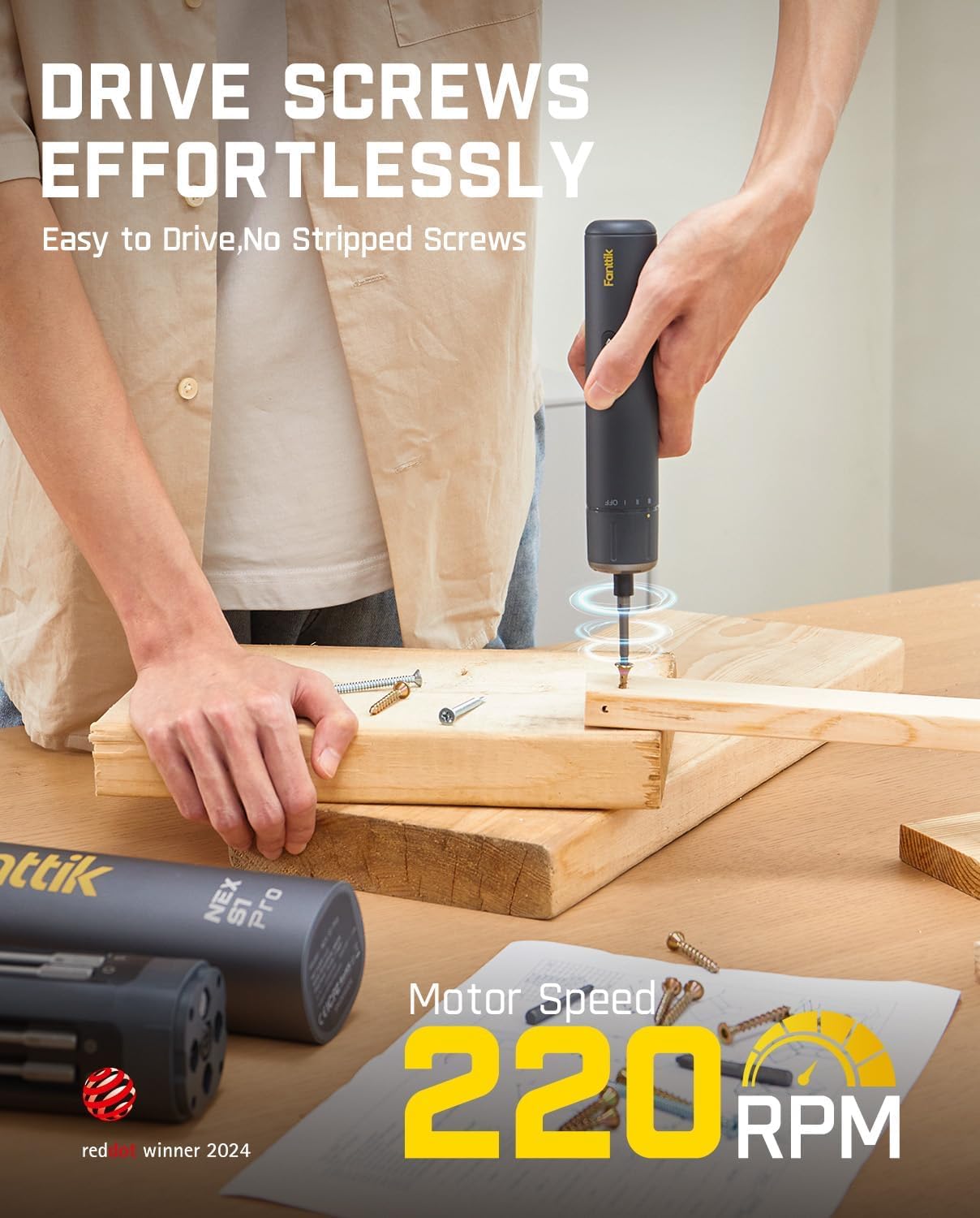 Fanttik S1 Pro Electric Screwdriver, Power Screwdriver | 16 S2 Steel Bits, 3 Torque Settings, Max 6 N.m, 2000mAh Battery, LED Light & 1/4''Hex, Ideal Tool for Furniture & Gaming PC