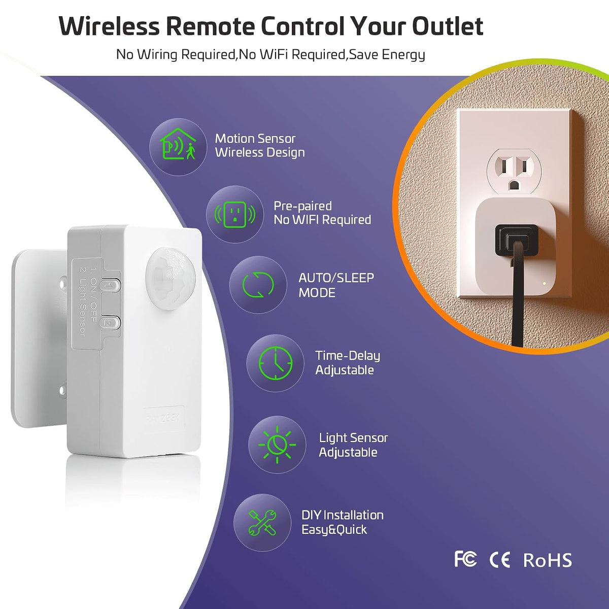 RAYZEEK Wireless Motion Sensor Control Outlet with Light Sensor,No WiFi/No APP, 2 PIR Sensor Switch Control 1 Plug for Christmas Tree Lights,Fans,Household Appliances,10A/1100W