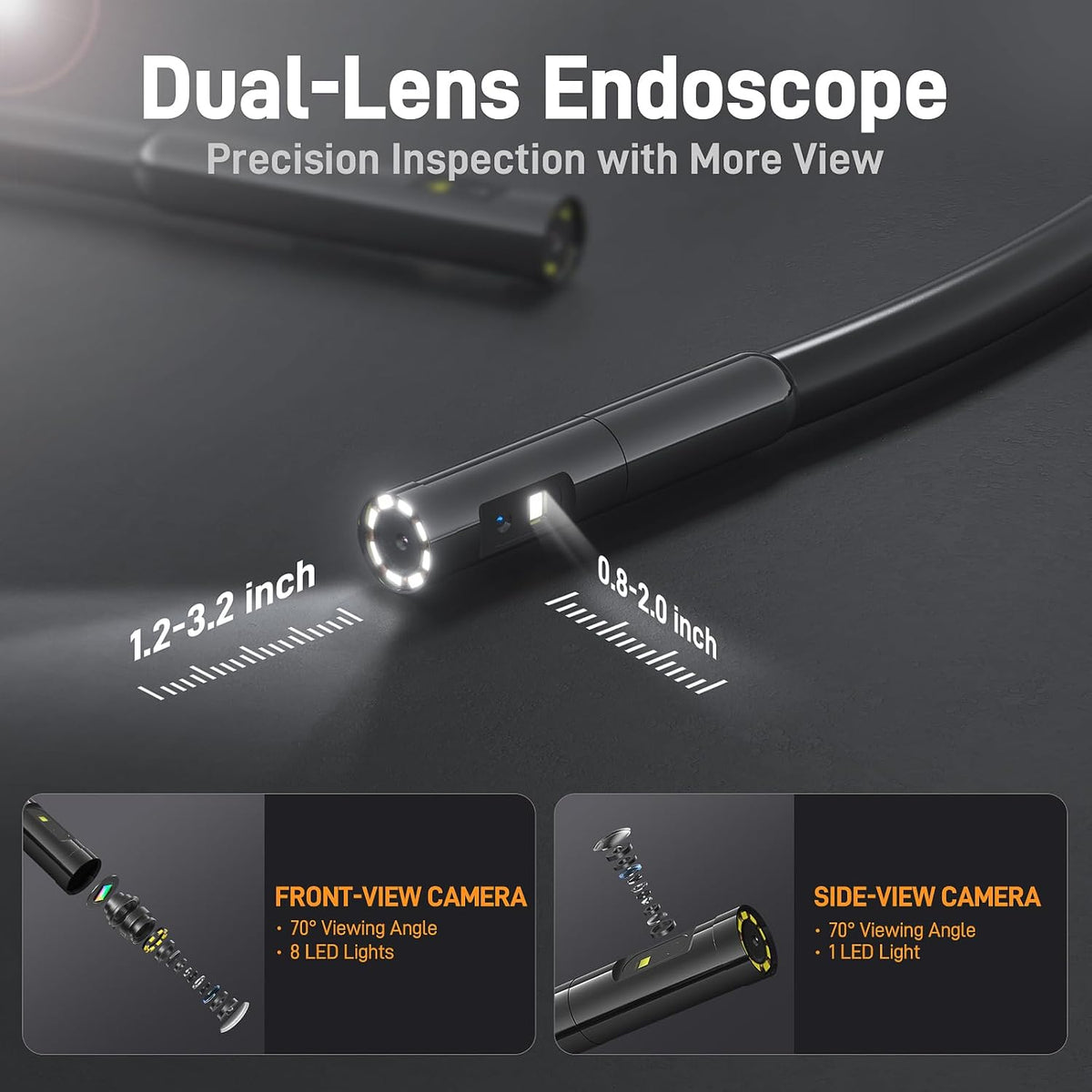 Teslong Dual Lens Borescope with Light for Automotive Mechanic Wall Vent | 0.32 inch Endoscope, 4.3" IPS Screen, 16.5FT Cable, 1.0MP HD, 8+1 LED Lights, IP67 Waterproof, 1500mAh Battery, 1.5x Zoom
