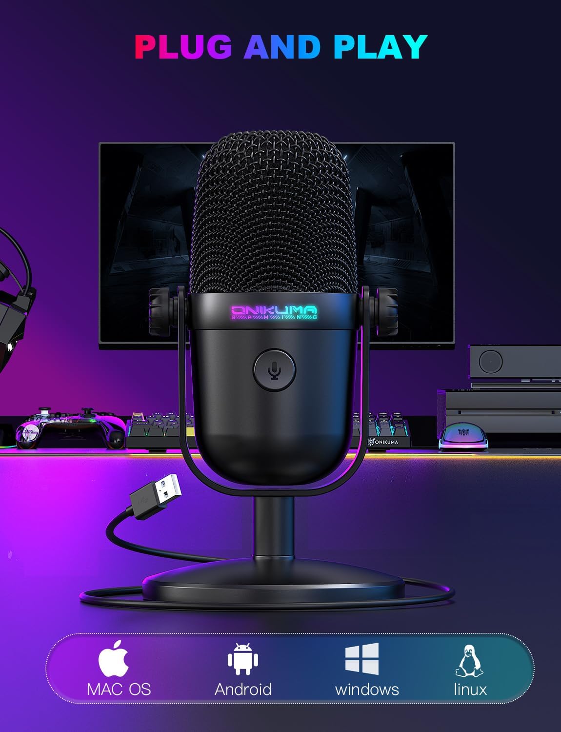 Gaming Microphone with Noise Cancellation & Mute Button, USB Condenser Mic for Streaming/Recording, Ultra-Compact Design, Compatible with PC/Mac/PS4/PS5, Podcast/YouTube/Twitch/Discord (Black)