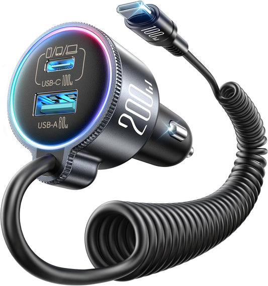 FLYLEAD 200W Car Charger USB C Fast Charge, [GaN] PD100W Fast Car Charger | Cigarette Lighter Phone Charger Adapter for iPhone 17/16/15 Pro Max, MacBook Pro Air Laptop, Samsung S26/S25, Pixel, iPad Pro