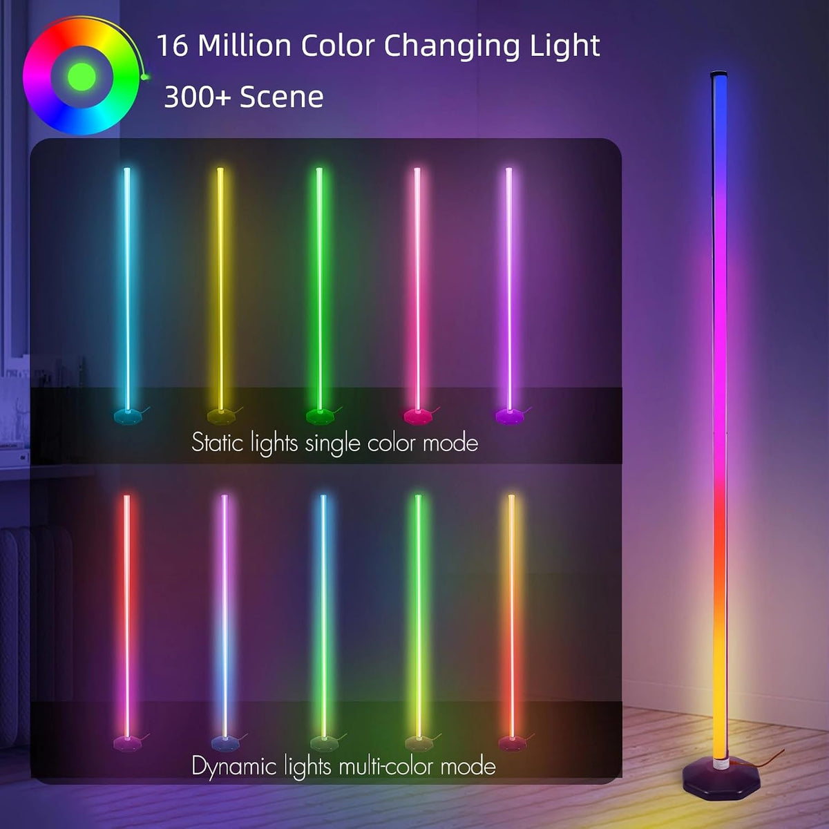 LED RGB Corner Lamp - Smart RGB LED Corner Floor Lamp Adjustable Height with 16 Millon RGBWIC Color Changing Lights 300+ Scene,Music Sync&Timer,Ambient Lighting for Living Room,Bedroom,Game Room