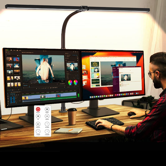 LED Desk Lamp with Clamp, Dual Head Monitor Light, Remote | 24W Dimmable Eye-Caring Task Lamp with Timer, Anti-Glare Cover and Gooseneck for Home Office Dorm, Workbench and Study