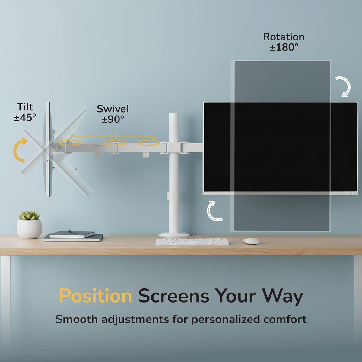 Mount-It Dual Monitor Mount for Desk, Full Motion White Steel 17-32 in | Desk Stand for 2 Monitors, 19.8 lbs per Arm, VESA 75x75 100x100, C-Clamp and Grommet, Cable Management, Height Adjustable