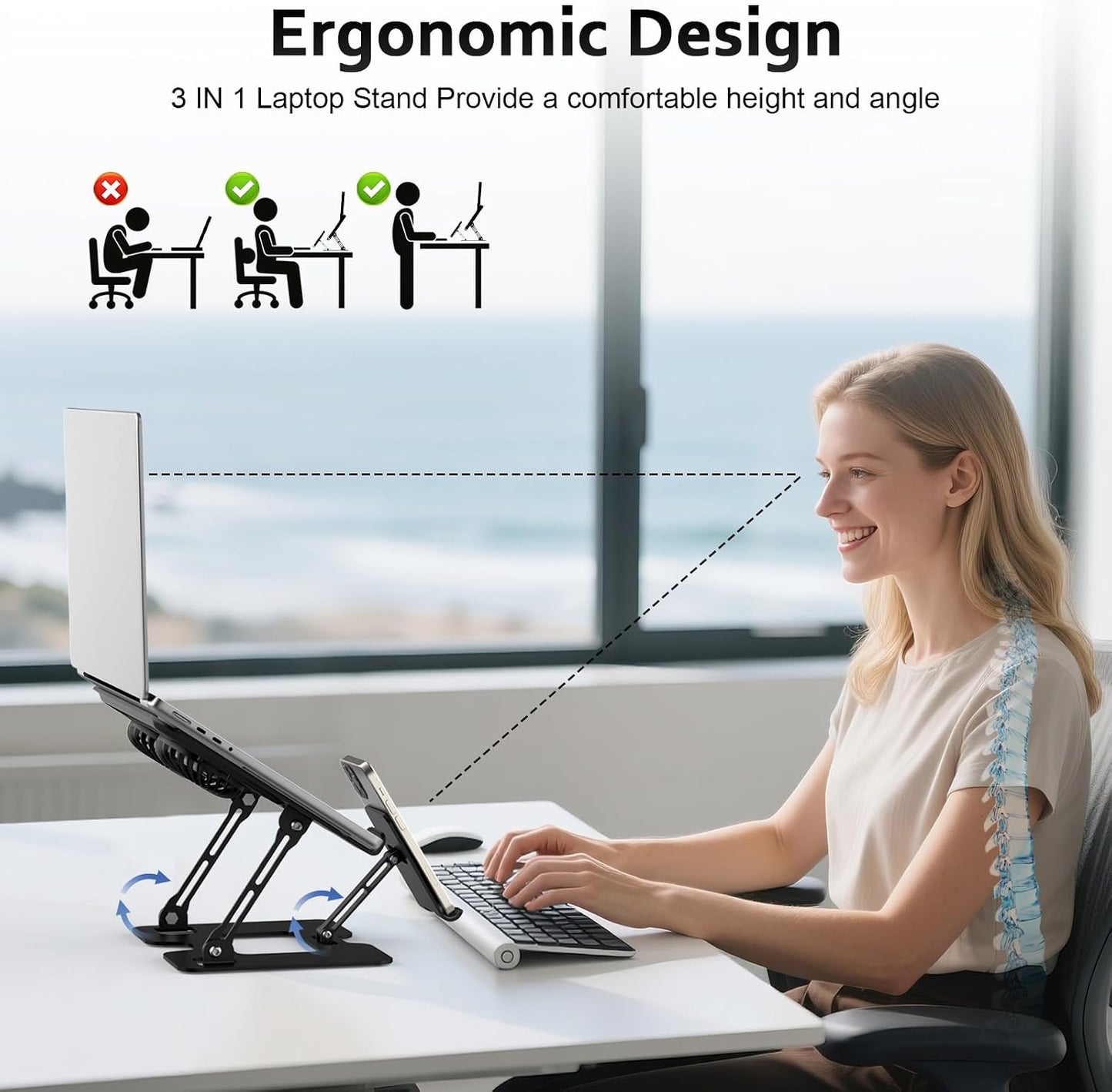 Laptop Cooling Stand with Detachable Fan,2-IN-1 Laptop Stand with Phone Holder and Silent Fans,Adjustable Height and Angle,Carbon Steel Framework,Laptop Cooling Pad for up to 16”Laptop (Black)