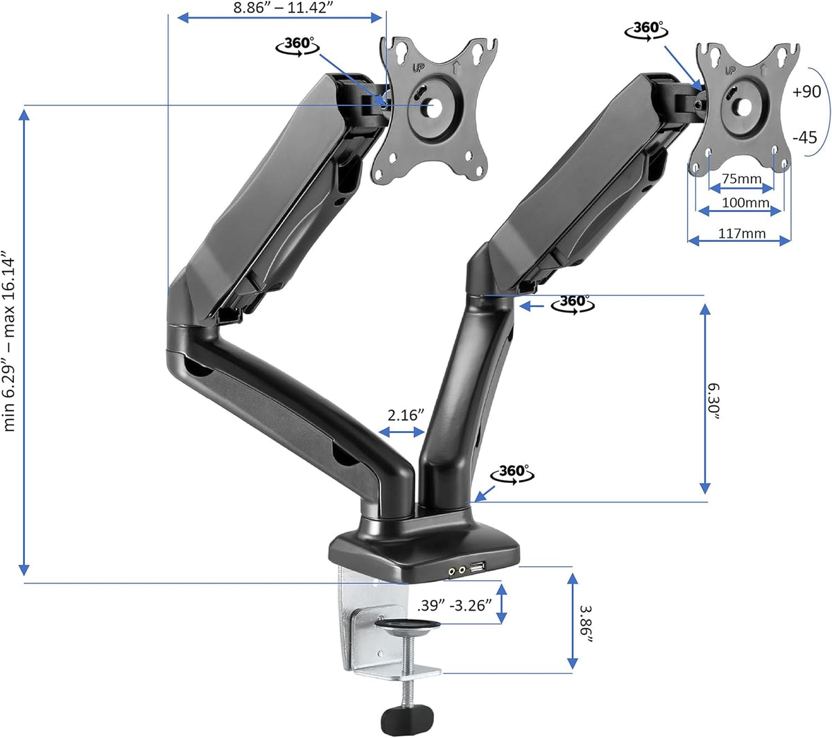 Rocelco 43" Height Adjustable Standing Desk Converter with Premium Dual Monitor Arm Mount - Tall Stand Up Tabletop Riser and Tablet Slot - Computer Workstation - Keyboard Tray - Black (R VADRB-43-MA2)