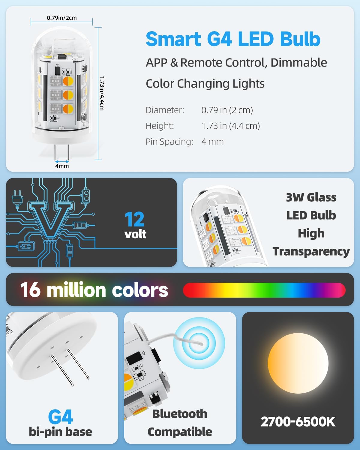 Color Changing G4 LED Bulb 12V 3W Smart Bluetooth G4 Bulb 2-Pack