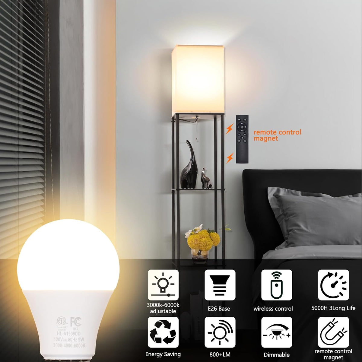 Gupuzm A19 LED Remote Control Bulbs, 800LM 9W, Equivalent to 60W Bulbs, Dimmable Bulb with Remote Control 3000K-6000K, E26 Base, CRI 80+,2.4GHz, Lifespan Over 25,000 Hours (9W-1 Remote-3 Bulb)