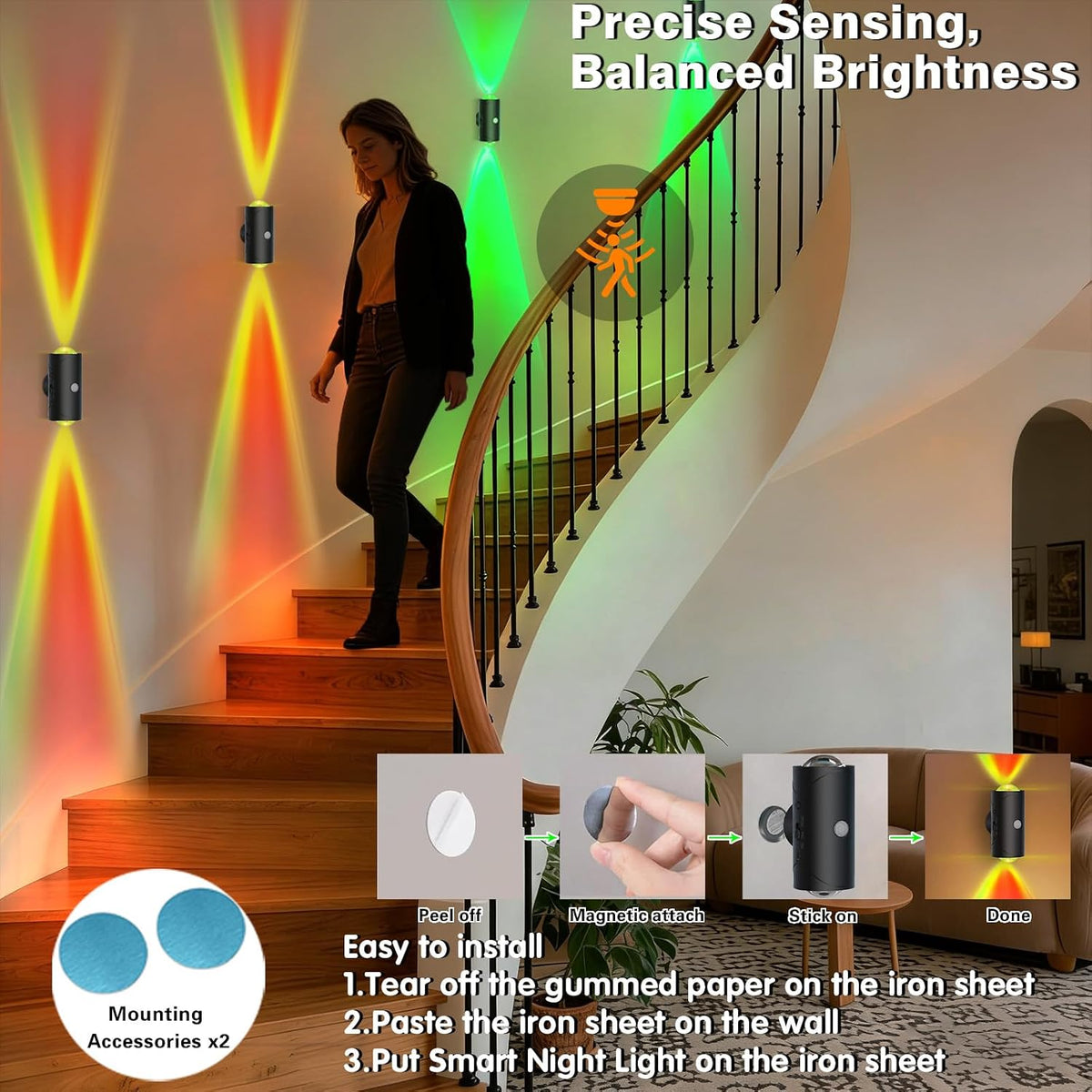 Rechargeable Motion Sensor Night Light, Magnetic RGB Wall Sconces 2 Pack