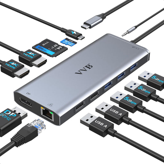 USB C Laptop Docking Station Dual Monitor HDMI Type C Hub Multiport Adapter | USB C Dongle Dock 14 in 1 USB C to 2 HDMI 4K+DisplayPort+Ethernet+4USB+2USB C+100W PD Charger+SD/TF for Dell/Lenovo/HP Laptop