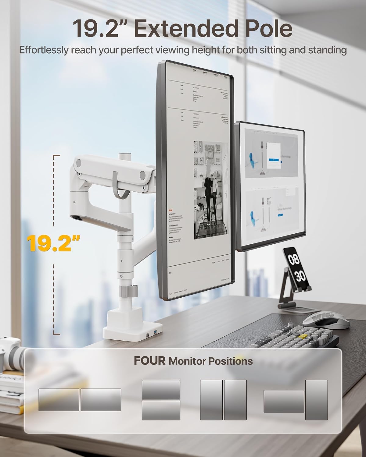 monTEK Dual Monitor Arm, Vertical Stackable 57", Heavy Duty with USB White