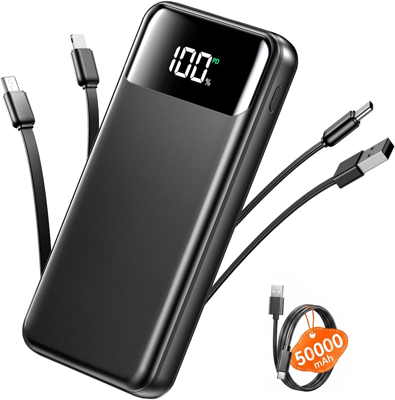 OHOVIV 50000mAh Power Bank, PD22.5W Portable Charger with 4 Built-in Cables | Power 6 Devices at Once,Fast Charging,Travel Camping Must-Have,USB-C Battery Pack for iPhone 17/16/15 Samsung Android,Dark