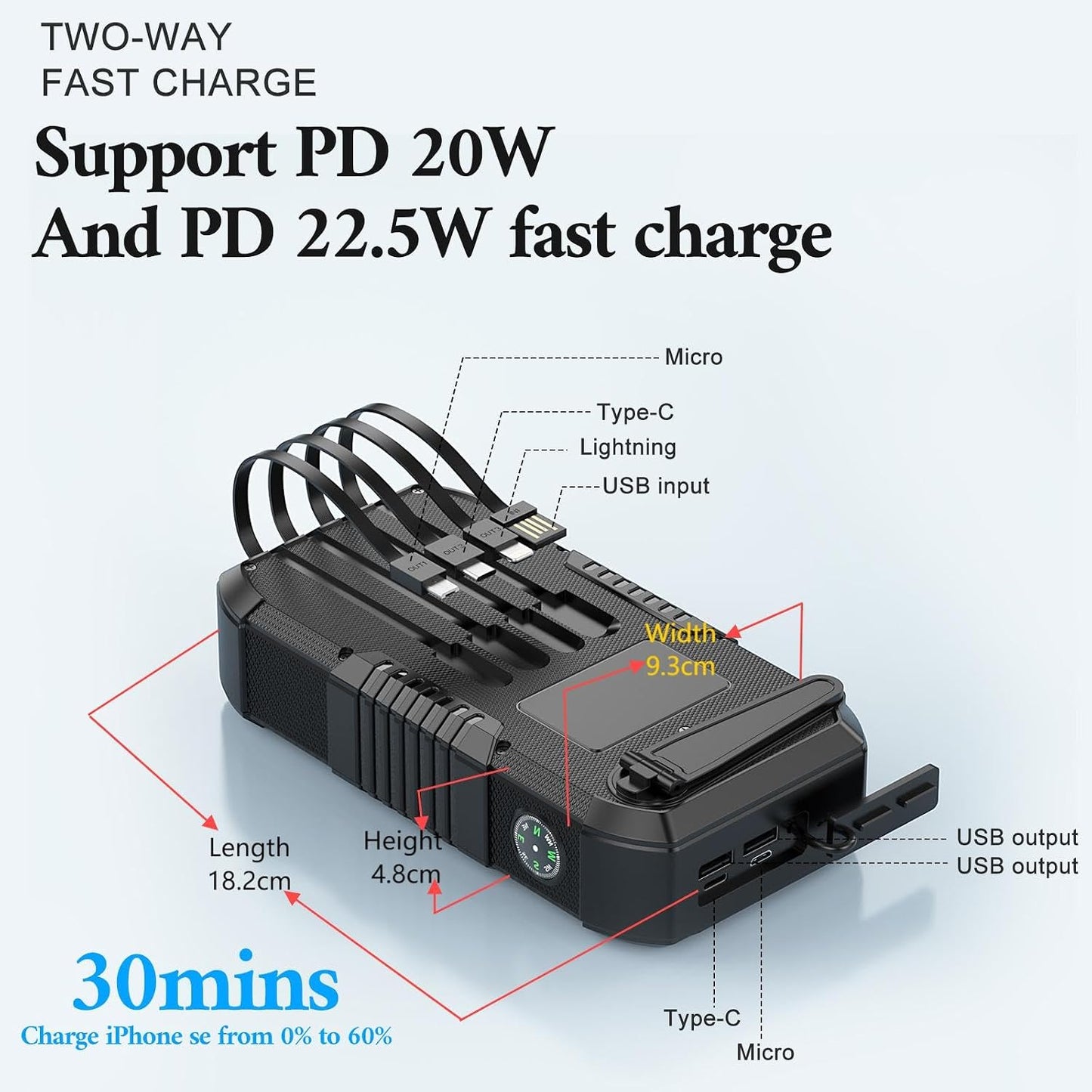 Solar Power Bank 66800mAh Built in Hand Crank for Camping and Hiking | Fast Charge,4 Built in Cable, 5 Outputs & 3 Inputs Multi Device Charging,Camping Essentials/SOS/Flashlight/Compass,Waterproof