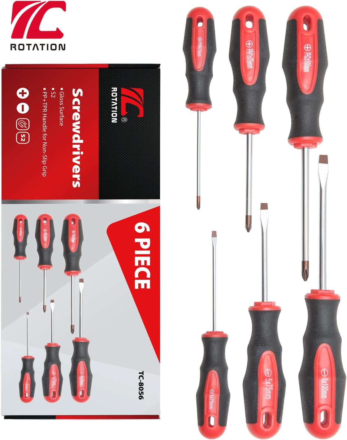 6PC Magnetic Tip Screwdriver Set, 3 Phillips and 3 Flat | 3 Phillips and 3 Flat, Red Tip, Gloss, S2 Steel
