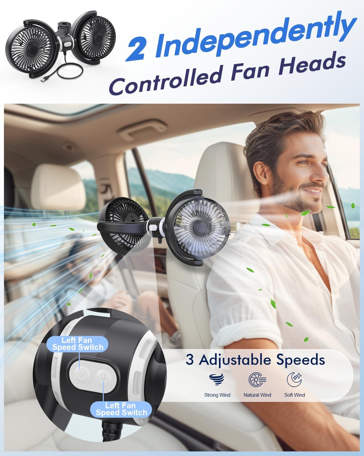 Car Fan USB Powered for Baby Backseat with 3 Speed Separately Controlled | Dual-Head Back seat Fan,Quiet Brushless Motor,360°Rotatable,5V/2A,Air Circulation For Van Truck SUV RV Backrests