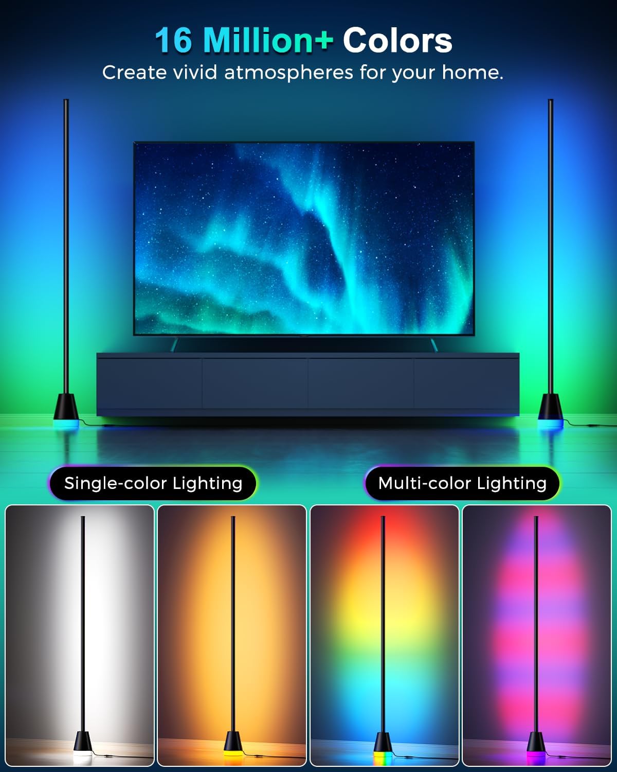 Corner Floor Lamp, Smart RGB Lamps for Living Room Bedroom, APP & Remote Control Tall Standing LED Lights, 16 Million DIY Colors Cool Modern Ambient Lighting with Music Sync & Timer, Black