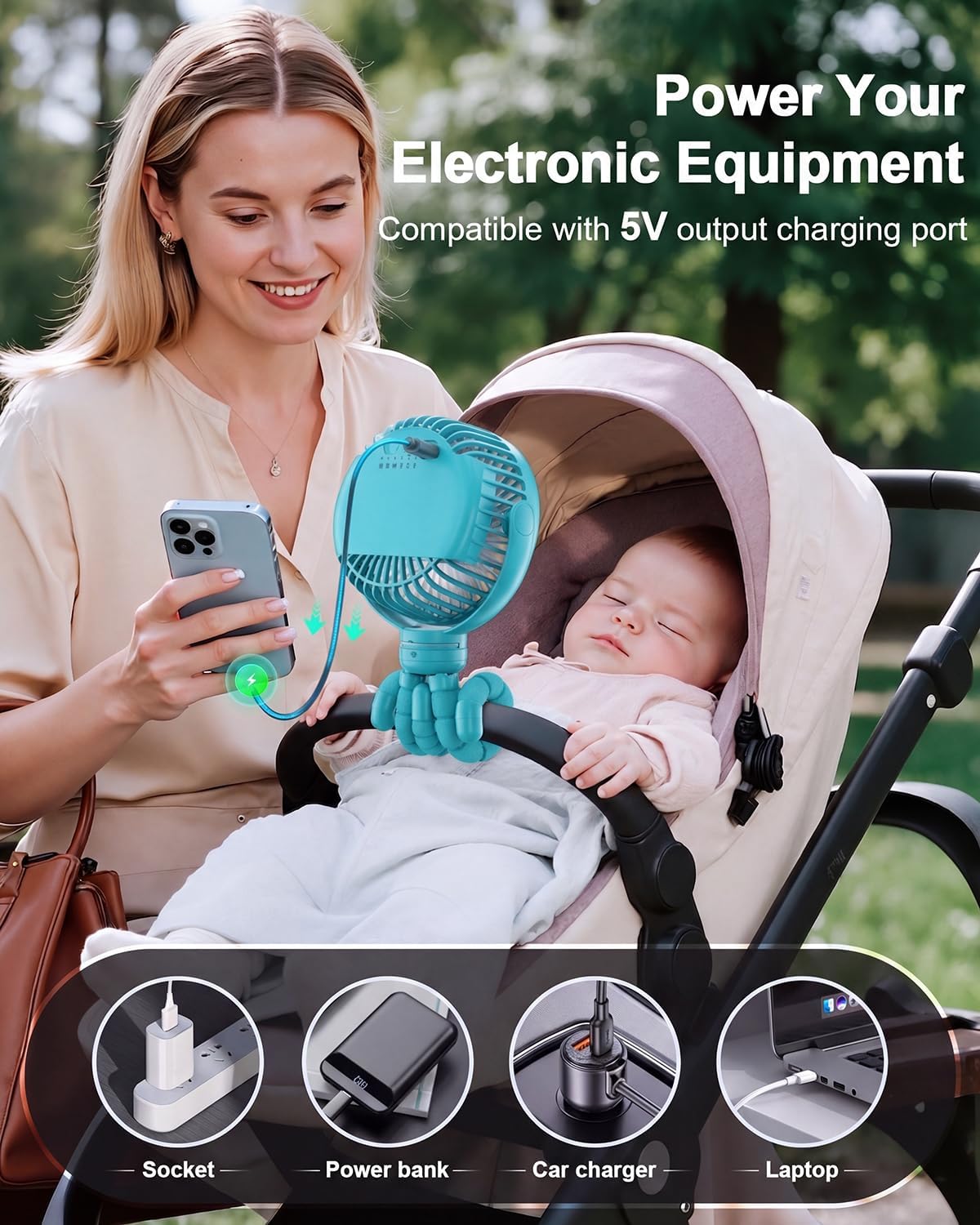 FRIZCOL Portable Stroller Fan, Use As Power Bank, 65H 12000mAh Battery Operated Fan Flexible Tripod Baby Car Seat Fans with Timming, Personal Mini Handheld/Desk/Small Clip On Fans For Stroller