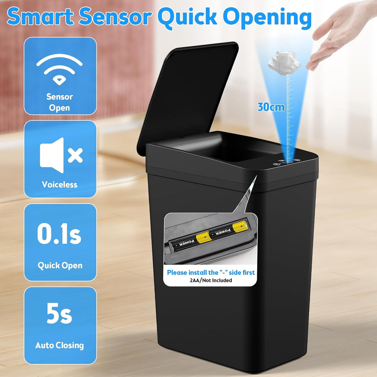 Bathroom Trash Can with Lid, 2 Pack 4 & 2.2 Gallon Automatic Touchless Garbage Can, Small Motion Sensor Smart Trash Can, Slim Waterproof Trash Bin for Bedroom, Bathroom, Office, Living Room (Black)