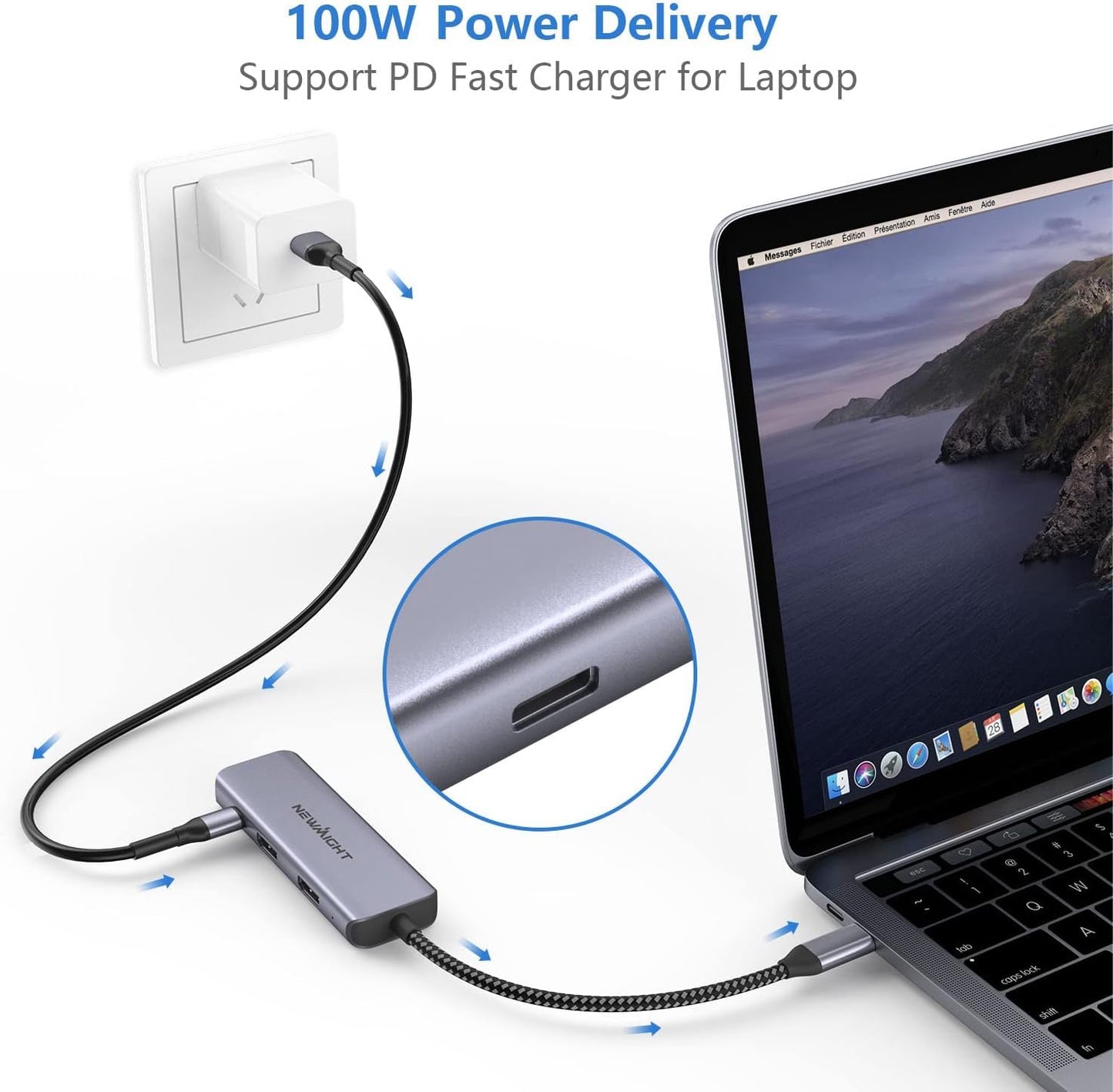 USB C Dual HDMI Adapter for 2 Monitors, Newmight 4-in-1 USB C to Dual Monitor HDMI Splitter, Supports Single 4K 60Hz and Dual 4K 30Hz, 100W PD, USB-A Port for MacBook, HP, Dell, iPhone 15/16 Series