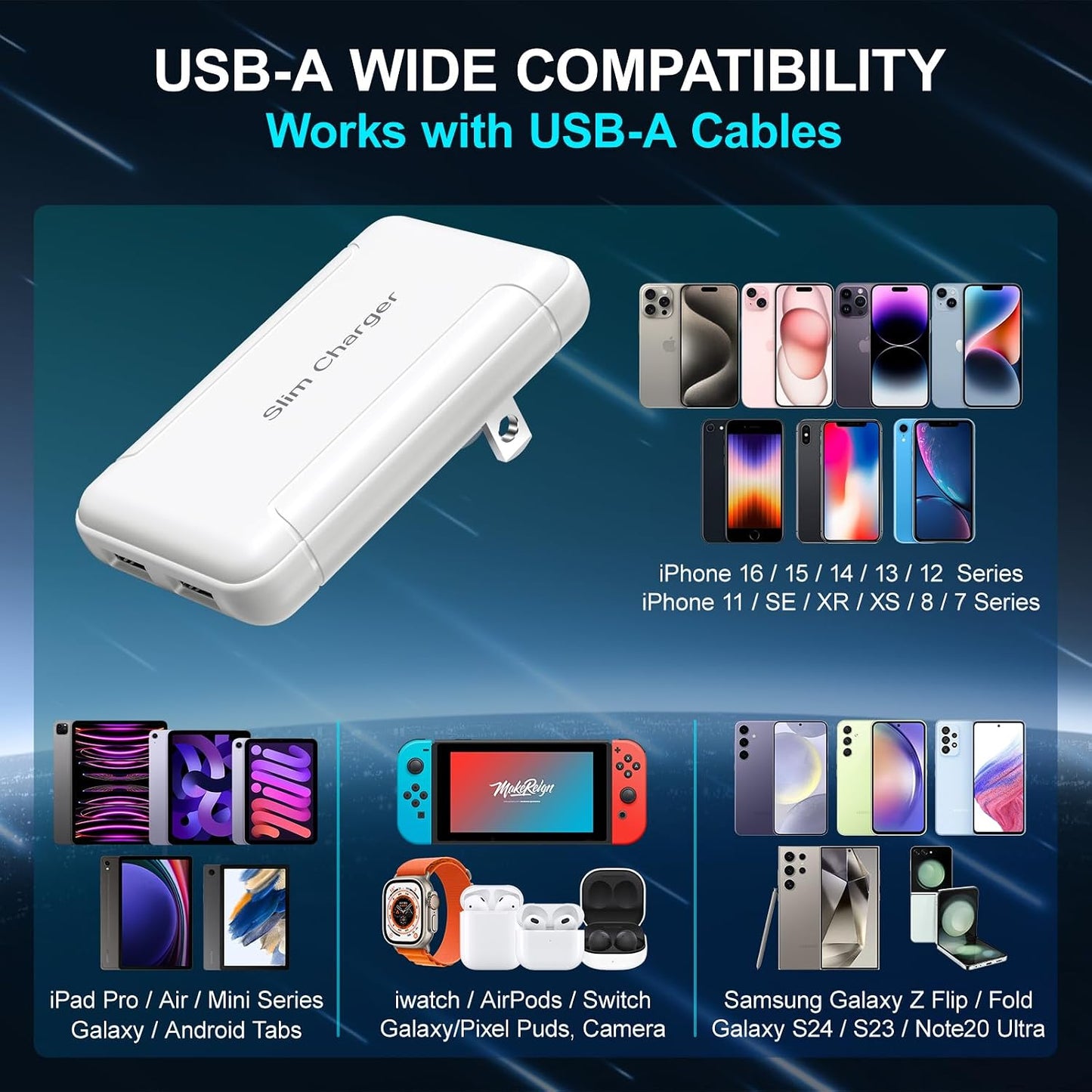 Flat USB Wall Charger, OKRAY Foldable&Extra-Slim 5v/3a Fast Charging Block | 3-Pack Dual USB-A Ports Charging Blocks Adapter Plug for iPhone 15 14 13 12 11 XR XS, iwatch 11, iPad, Galaxy S24 A16, Switch