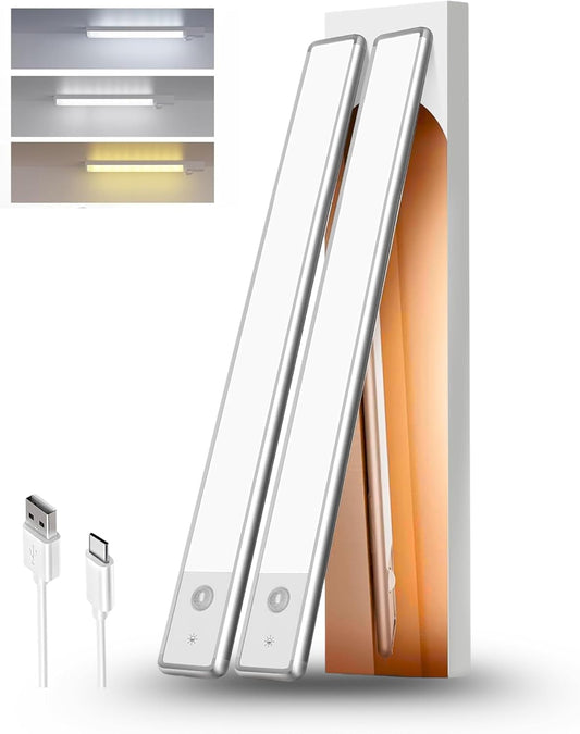 15" LED Cabinet Light with Motion & Light Sensor, Pack of 2 Rechargeable Under Cabinet Lighting, 3 Color Modes 3000K/4500K/6000K, 80 LEDs, 180LM, USB, 2200mAh Battery, Wireless Closet Light