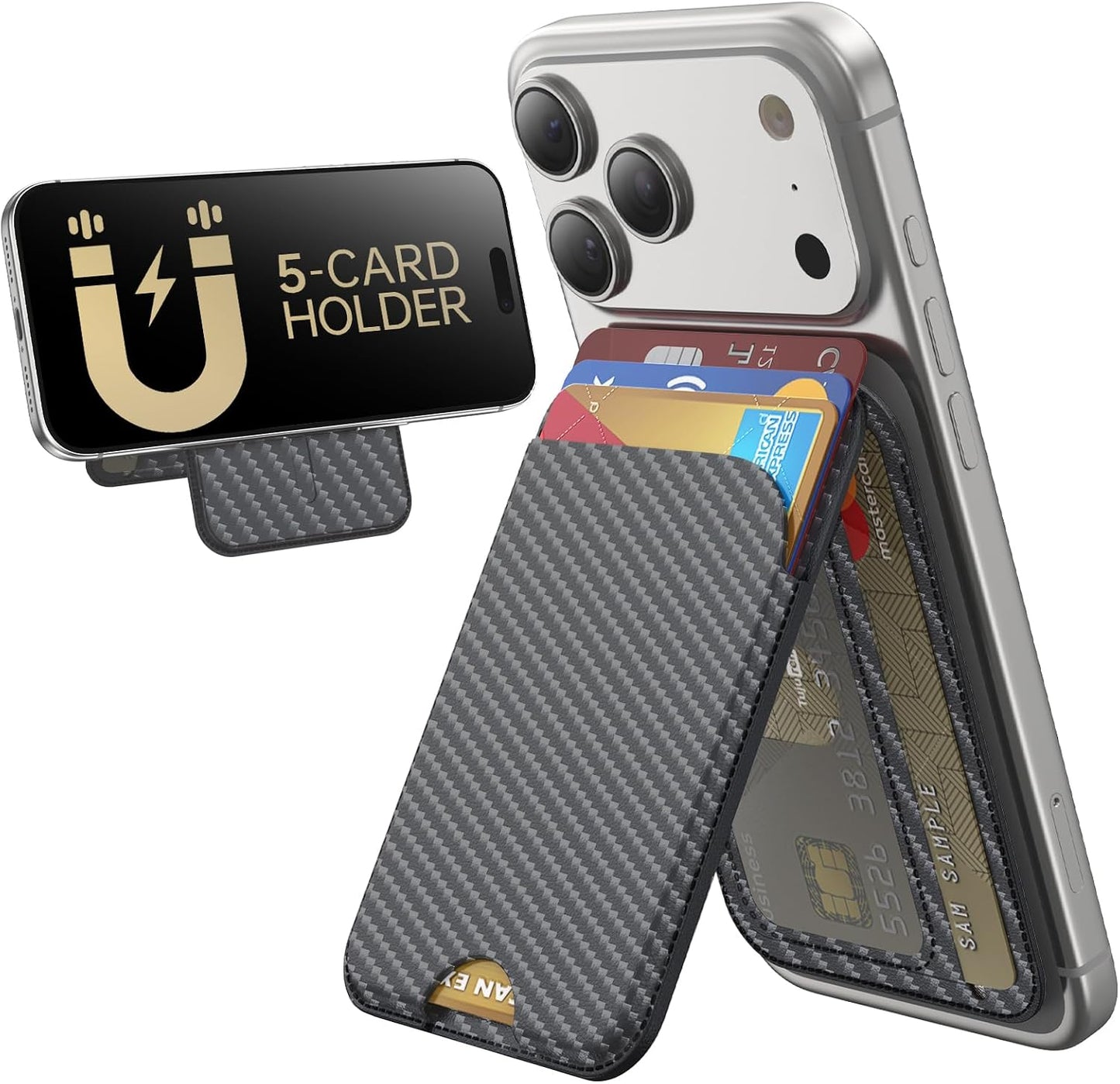TWZKG for MagSafe Wallet, 5 Cards Holder with Stand, Magnetic Phone Wallet Stand for iPhone 17/16/15/14/13/12 Pro Max Air Plus Series, RFID Blocking Vegan Leather,Carbon Fiber