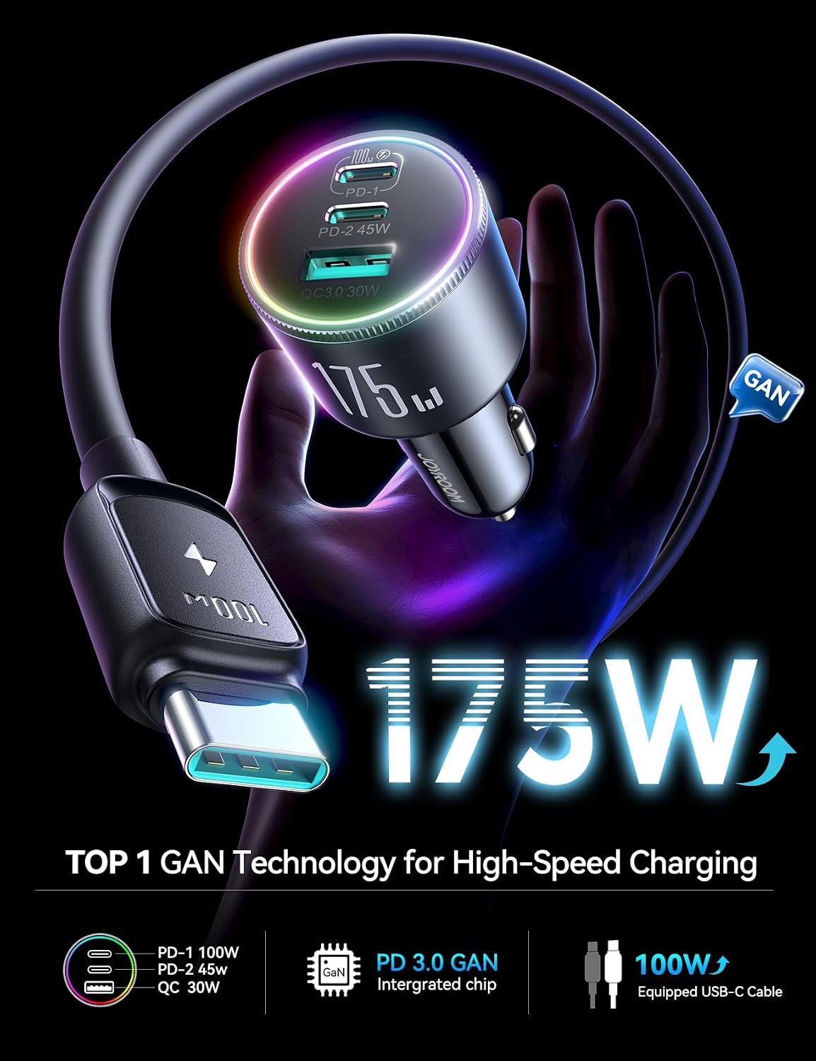JOYROOM 175W Car Charger USB C Fast Charge 3-Port Cigarette Lighter Charger | GaN Super Fast Car Charger, PD100W+PD45W+QC30W, Heat Dissipation, Ultra Safe, Soft LED Ambient Light, 4ft 100W Cable Included