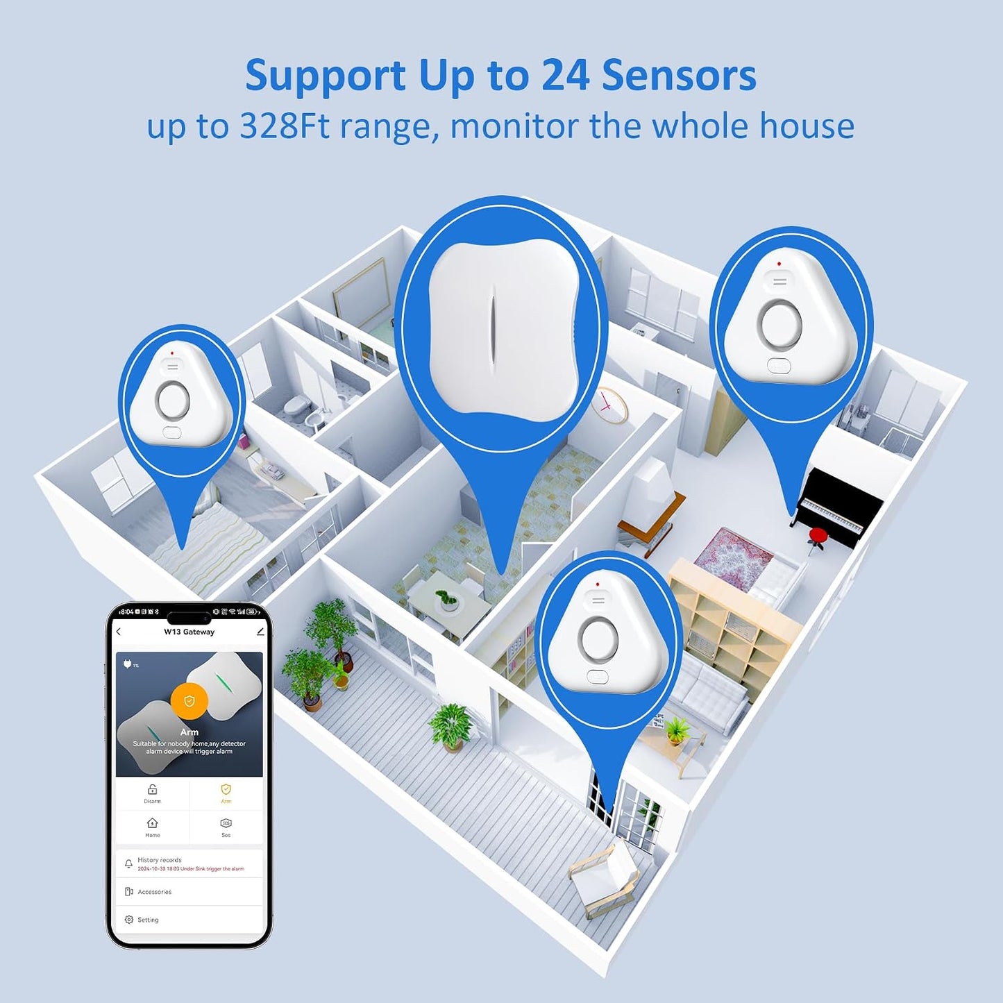 Smart Water Leak Detectors for Home WiFi with App Alerts, Stechro Ajustable 120dB Water Sensor Alarm Leak Detector for Basements Sink Kitchen Laundry, 4 Water Sensors & 1 Gateway