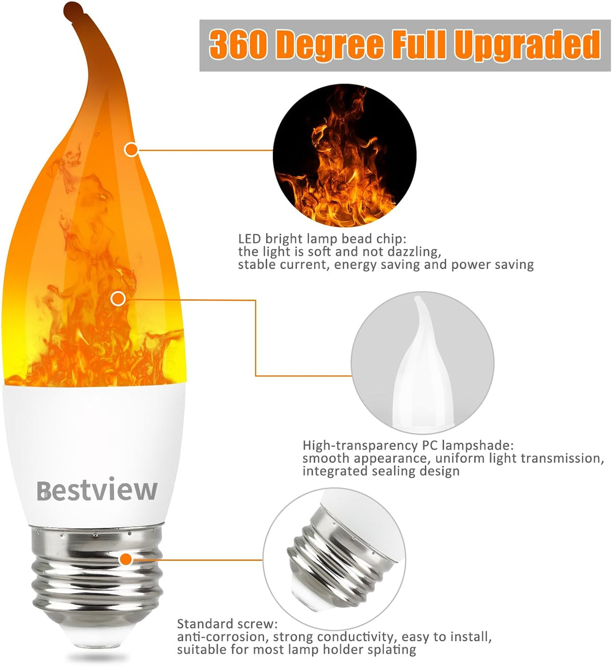 Bestview LED Flame Effect Light Bulbs,3 Modes Smart E26 Chandelier Base Flickering Candle Fire Light Bulb for Halloween, Christmas, Party, Porch, Indoor&Outdoor Home Decoration (8 Pack)