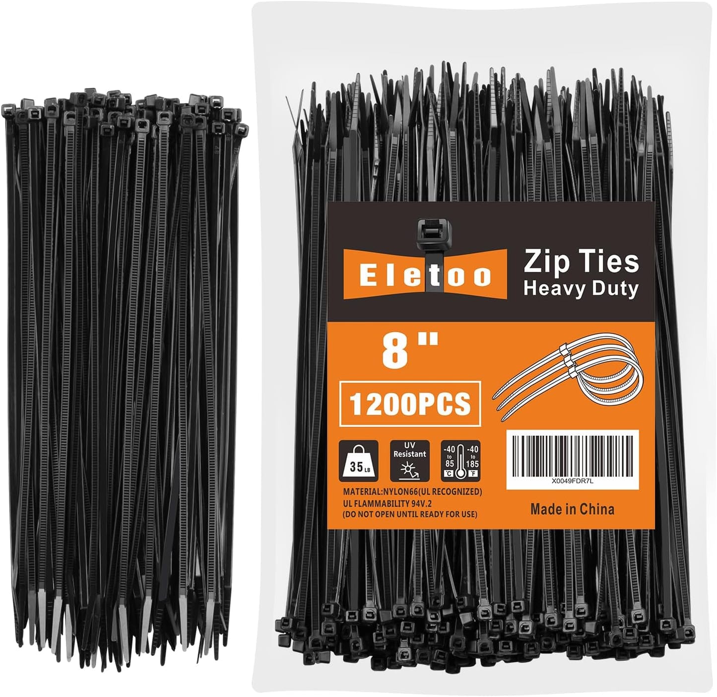 8 Inch Black Zip Ties 1200 Pack, 35 LBS Tensile Strength, Self-Locking Nylon UV Resistant Cable Ties for Indoor and Outdoor