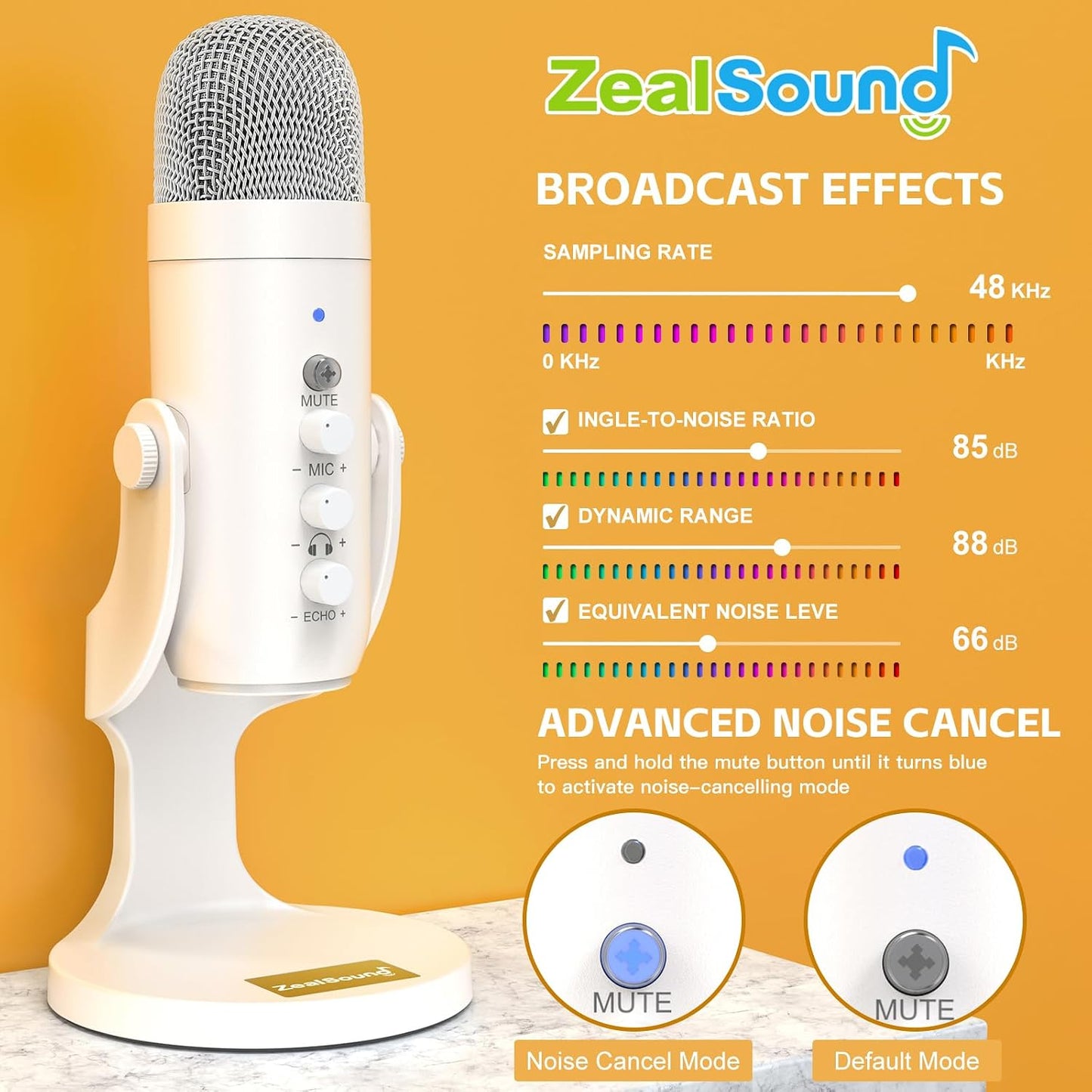 ZealSound Podcast Microphone for iPhone PC & Android, Noise Cancellation Mic with Gain Knob, Volume Adjustment & Mute Button, Monitor & Echo, for ASMR Podcasting Recording YouTube & TikTok - K66 White