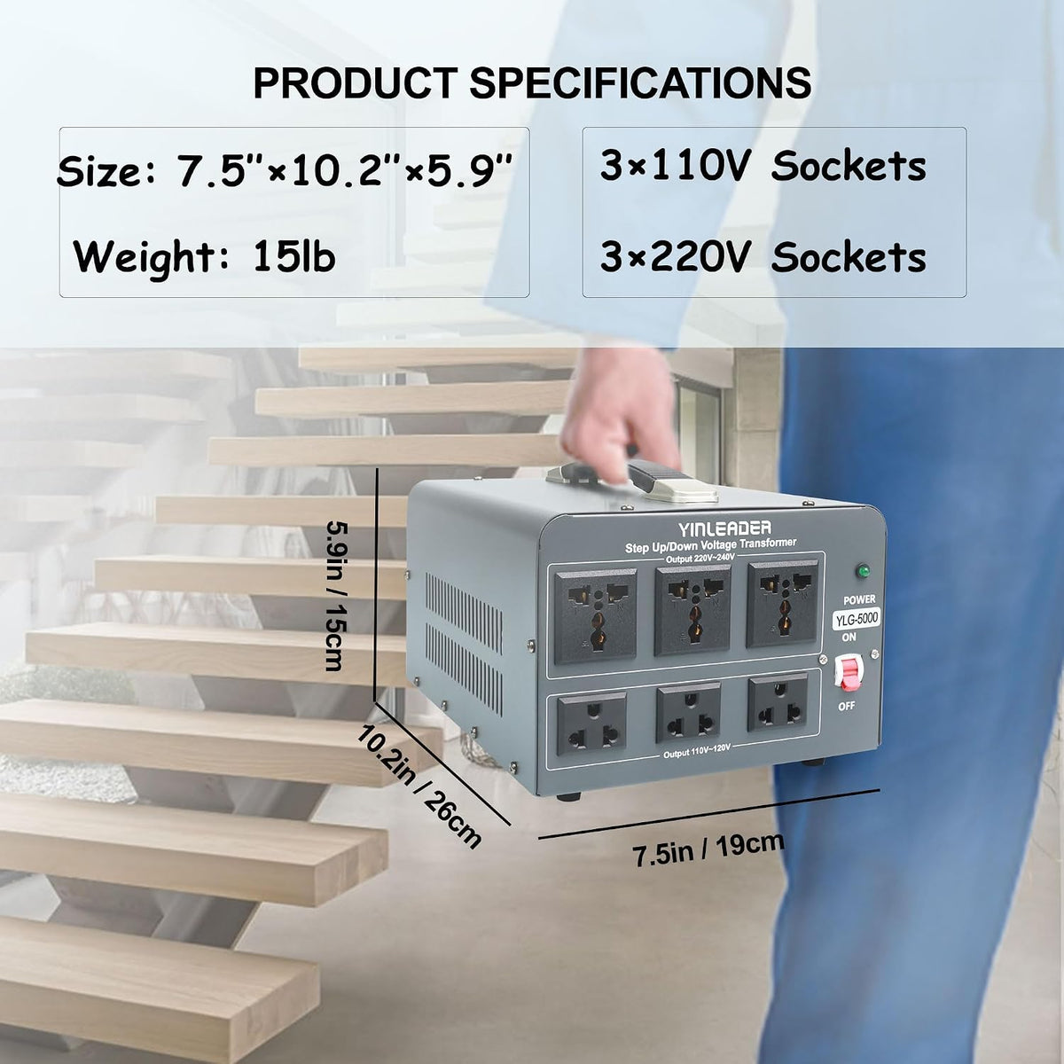 5000 Step Up/Down Transformer Converter 110/120Volt-220/240Volt | US Power Cord,Circuit Breaker Protection (Grey)