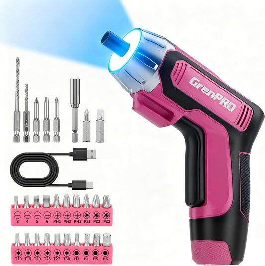 GRENPRO 4V Cordless Electric Screwdriver Set, 29-Piece, Pink | Built-In Non-Removable Battery Charges via USB, Not Sold Separately, Included Bits Support Home Repairs and Assembly