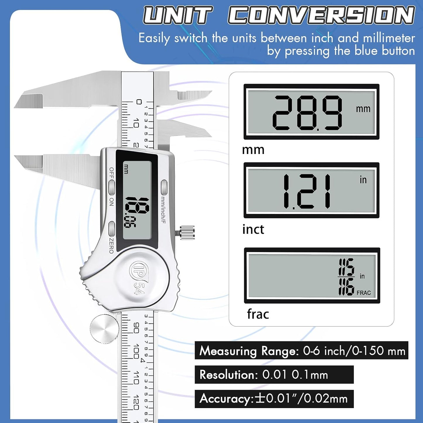 Electronic Digital Calipers, inch and Millimeter Conversion,LCD Screen displays 0-6" Caliper Measuring Tool, Automatic Shutdown, Suitable for DIY/Jewelry Measurement (150mm inch/mm/Fraction)