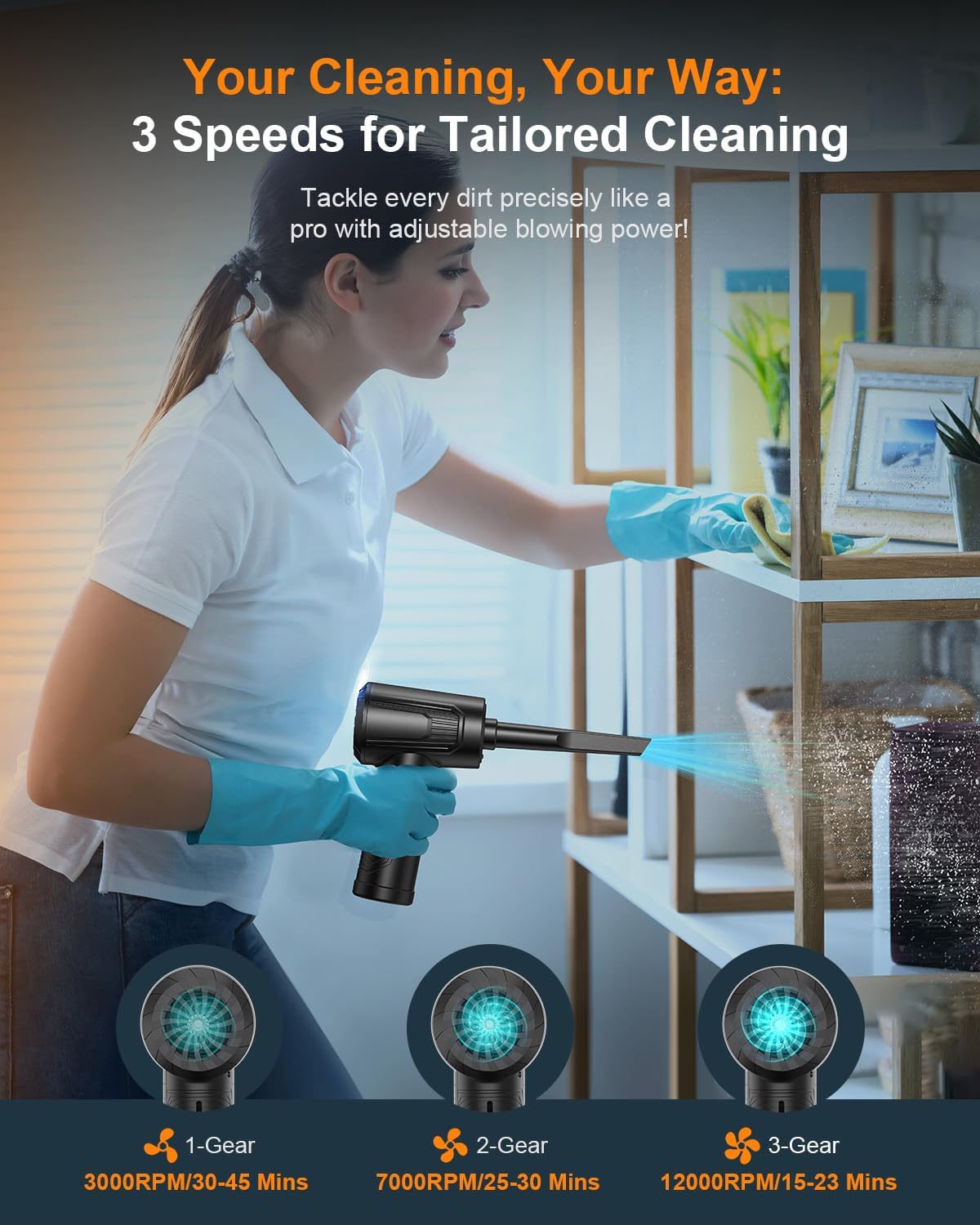 11-in-1 Compressed Air Duster-3-Gear Adjustable 120000 RPM Electric Air Duster with LED Light, Reusable no Canned Keyboard Cleaner for Office, 9000mAh Cordless Air Duster for Computer/Car/Home (Black)