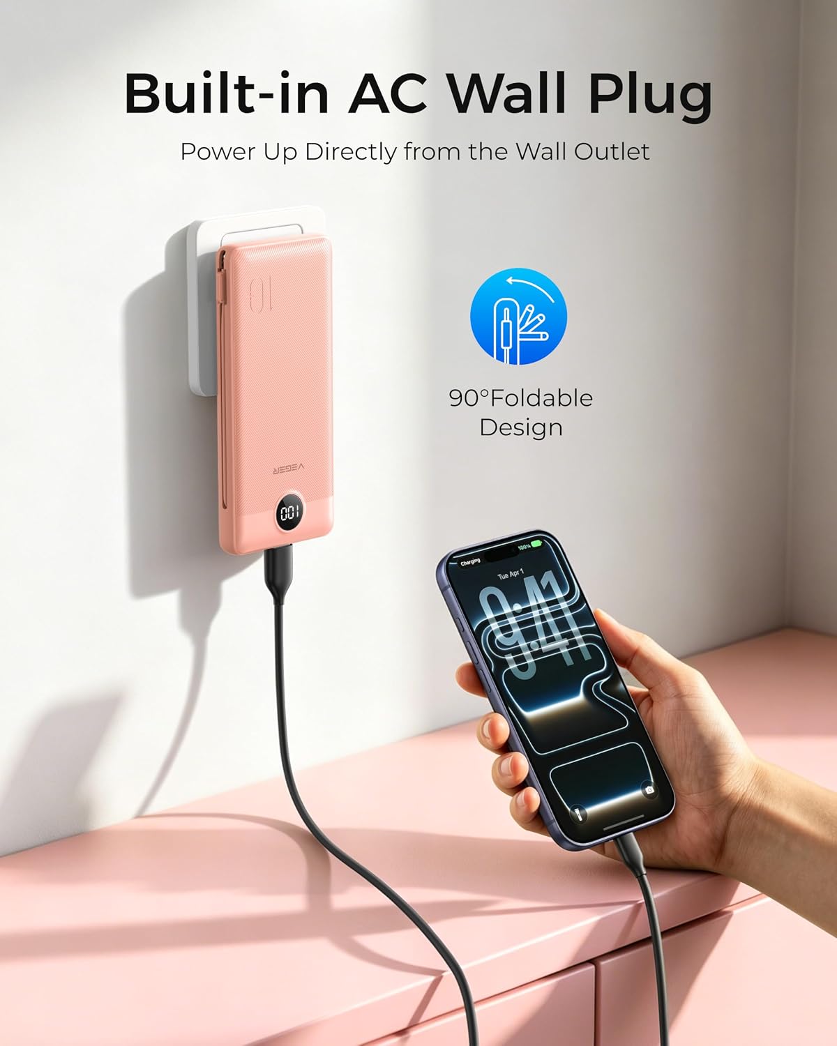 VEGER Portable Charger for iPhone, Power Bank Built in Cable and Wall Plug | 10000mAh Slim USB C Battery Pack, Travel Essentials for Camping Cruise Business Trip, Compatible with Smart Devices, Pink
