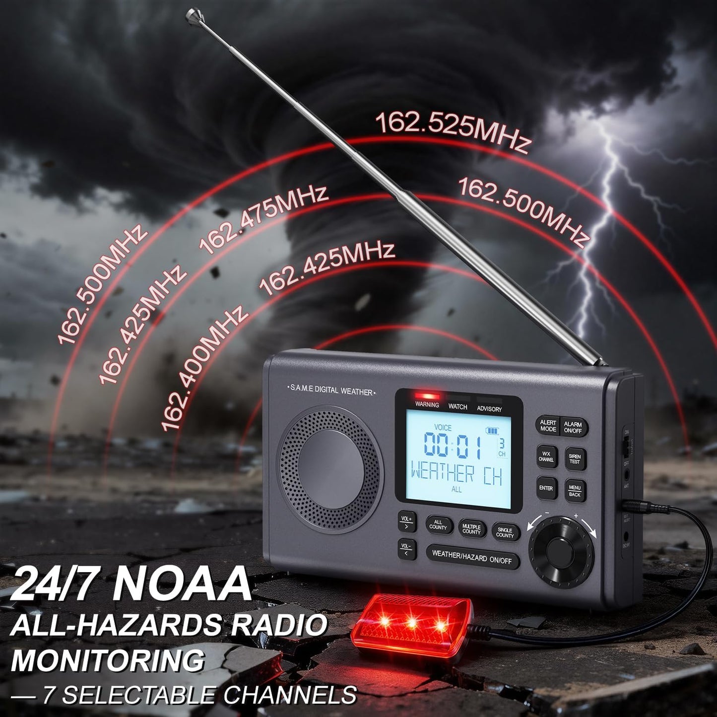 RunningSnail NOAA Weather Radio with 80+Emergency Alerts, 23 S.A.M.E Localized Programming County Codes, Battery Backup, Alarm, Selectable Alert Tone (with External Antenna & External Warning Light)