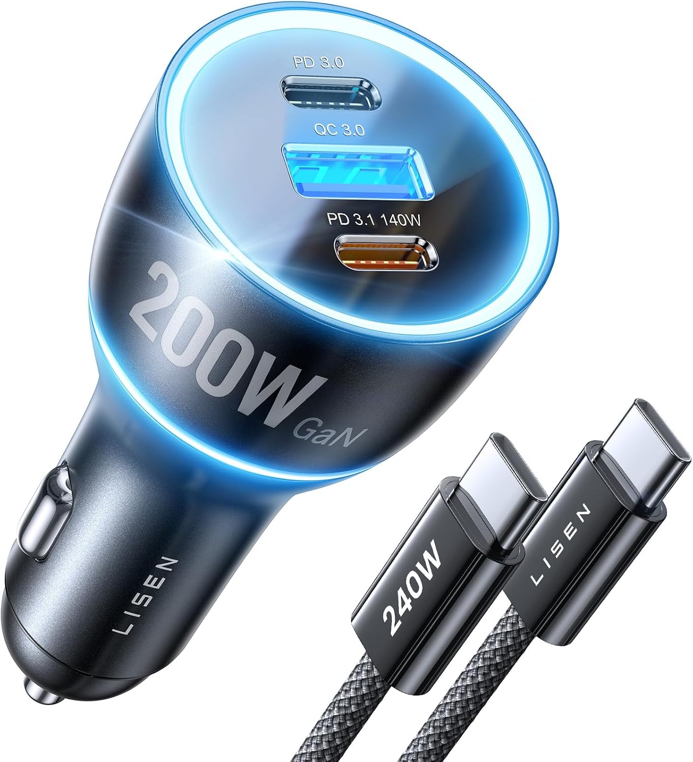 LISEN 200W Car Charger USB C Fast Charge [GaN] PD 140W Fast Car Charger | USB C, Cigarette Lighter Adapter for Multi Device, for iPhone 17 16 15 14 13 12, MacBook Pro, Laptop, iPad, Samsung S26 S25