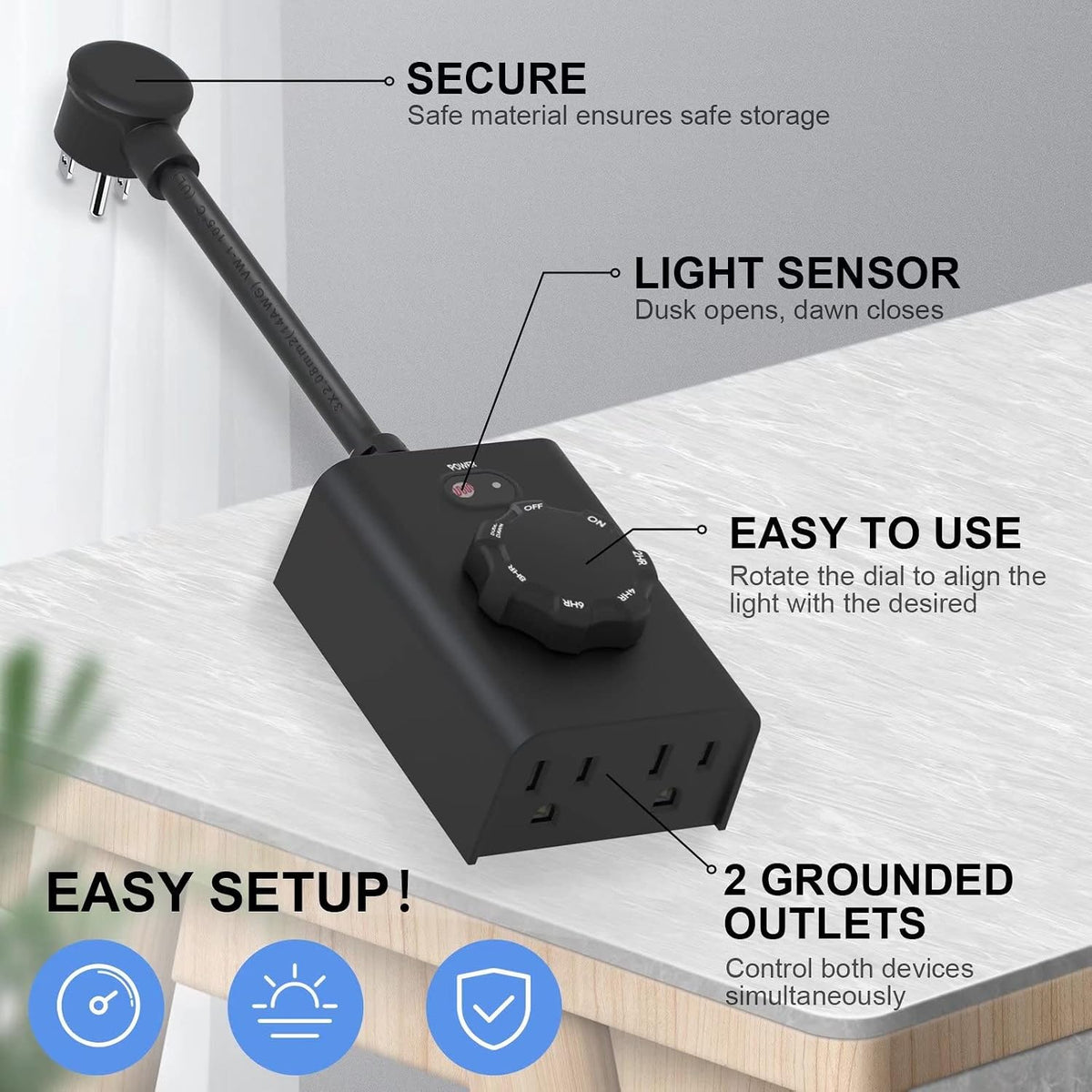 Outdoor Dusk to Dawn Sensor Timer, Waterproof Plug in Outlet Light Timer with 2 Grounded Outlets (Rotary Switch 2 Pack)