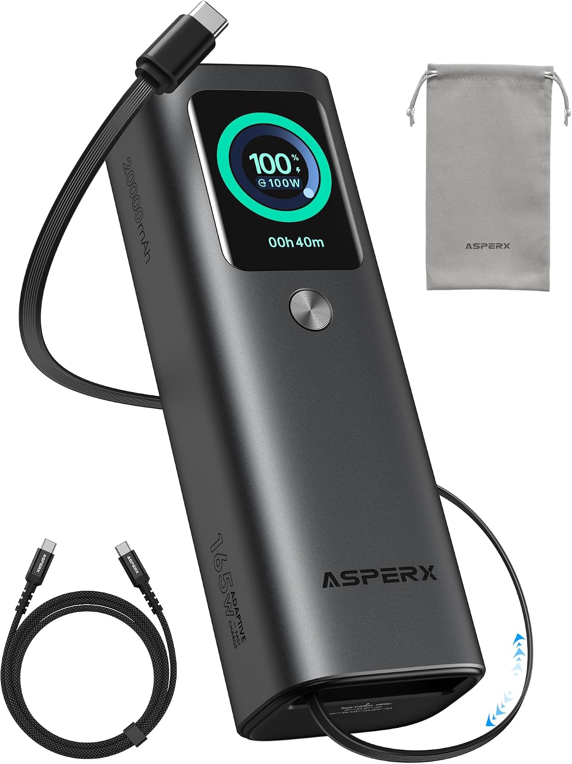 AsperX Laptop Power Bank, 165W 20,000mAh Retractable Cable Aluminum Unibody | TFT Display Portable Charger Power Bank, Battery Bank for MacBook Pro/Air/iPhone 17/iPad Pro/S25 Ultra/Dell/HP(TSA-Approved)